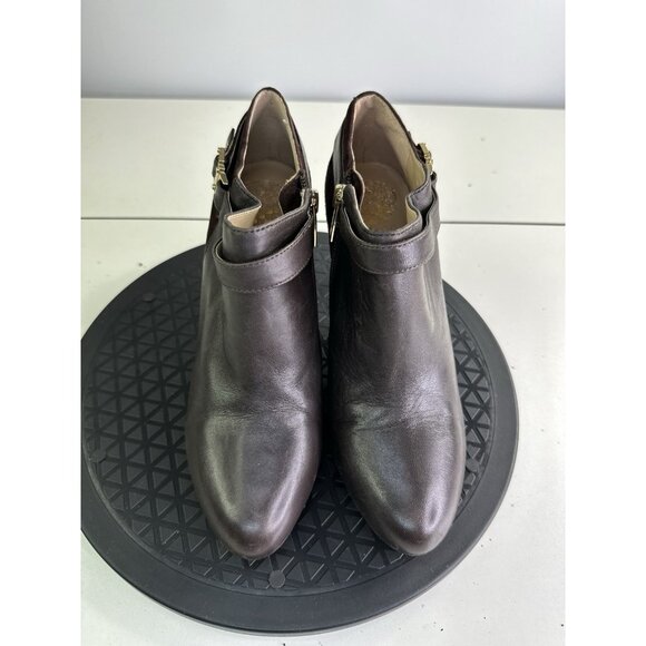 Vince Camuto Vanna Leather & Suede Dk Brown Ankle Boot Heels 7.5M Gold Trim - Picture 7 of 7